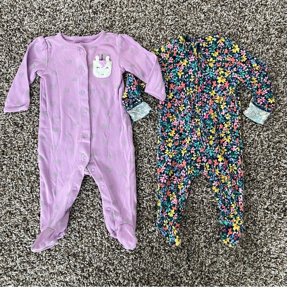 3-6M✨Glitter Unicorn and Floral Pajamas Set of 2